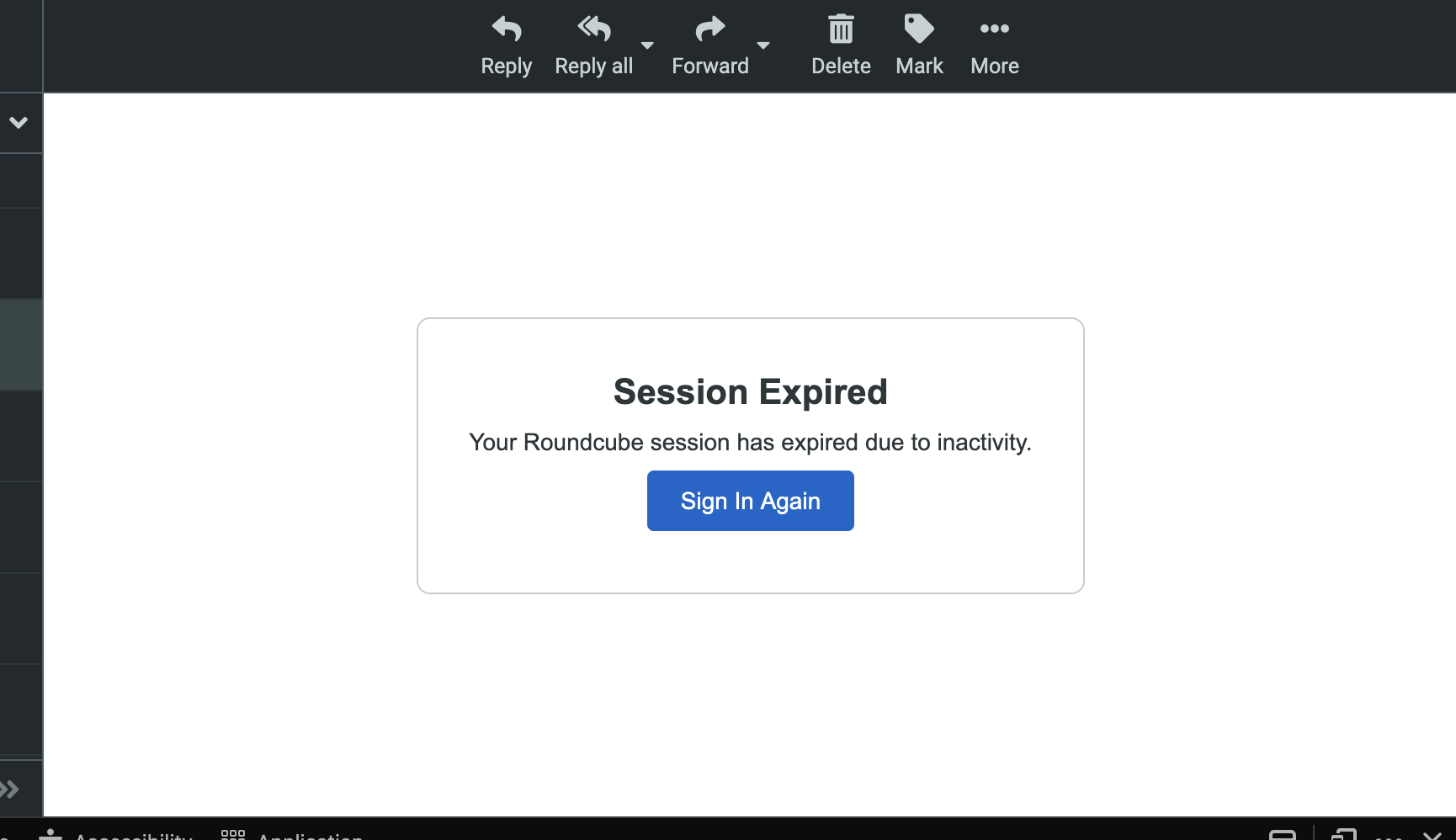 Phishing overlay rendered inside Roundcube. A fake &ldquo;Session Expired&rdquo; dialog covers the message pane.